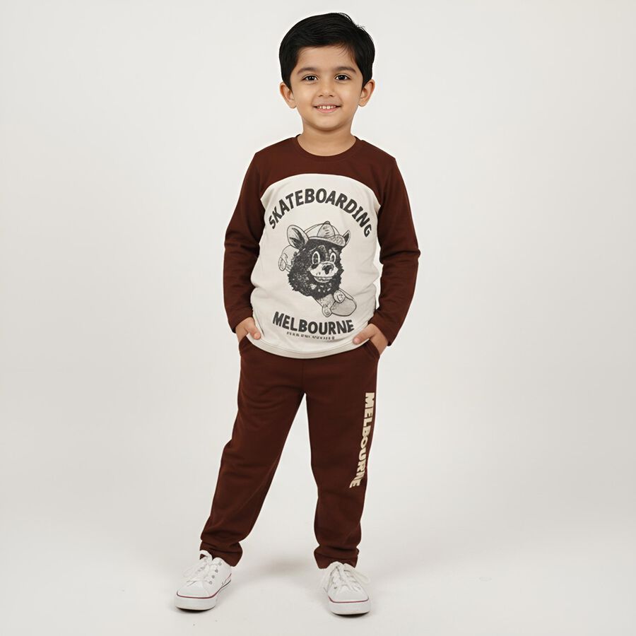 Boys' Dark Chocolate Brown and Cream White Cotton Graphic Printed Baba Suit, Off White, large image number null