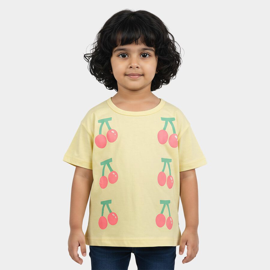 Girls Yellow Cotton Round Neck Casual T-Shirt, Yellow, large