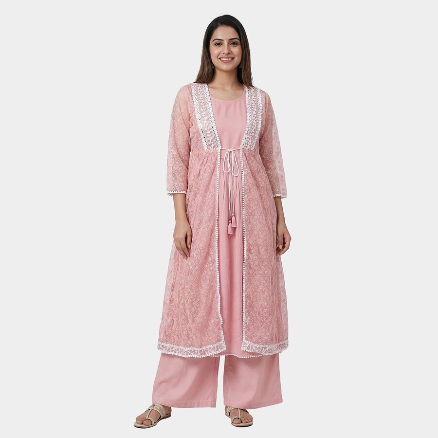 Women's Pink Round Neck Solid Kurta, Light Pink, large