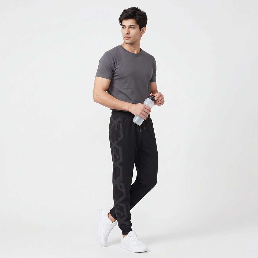 Men's Black Jogger Fit Graphic Printed Cotton Blend Pyjama, Black, large