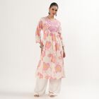 Women's Light Pink Cotton Round Neck Mirror Work Floral Printed Kurti, हल्का गुलाबी, small image number null