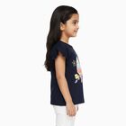 Girls' Navy Blue Cotton Round Neck Ruffle Sleeve Graphic T-Shirt, Navy Blue, small image number null