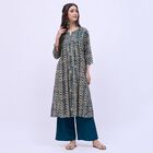 Women's Dark Teal Green Notch Neck Printed Kurta, टील ब्लू, small
