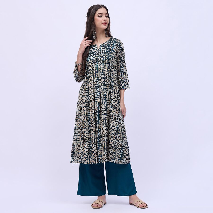 Women's Dark Teal Green Notch Neck Printed Kurta, टील ब्लू, large