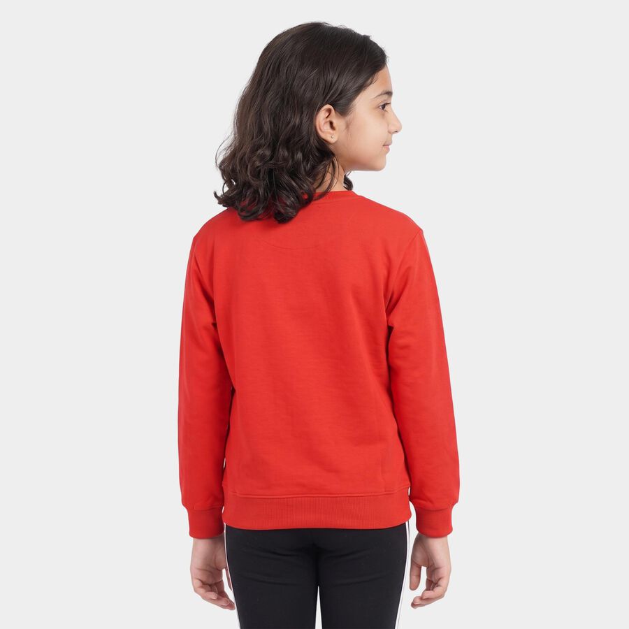 Girls' Red Crew Neck Graphic Print Sweatshirt, लाल, large