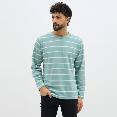 Men's Aqua Green Crew Neck Striped T-Shirt