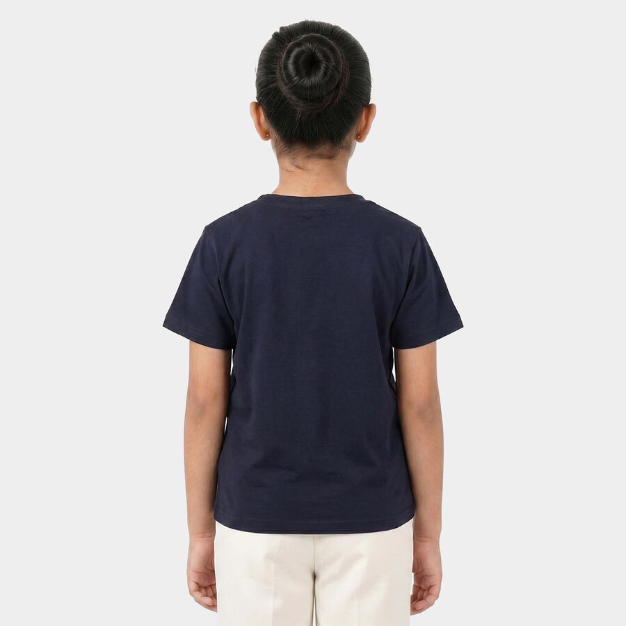 Girls Navy Blue Round Neck Regular T-Shirt, नेवी ब्लू, large