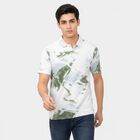 Men's White Cotton Polo Neck Abstract Printed T-Shirt, सफ़ेद, small