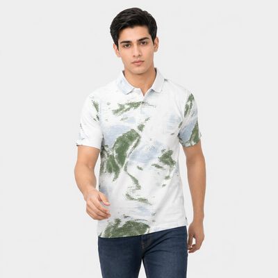 Men's White Cotton Polo Neck Abstract Printed T-Shirt