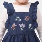 Infants' Navy Blue Fit and Flare Embroidered Ruffle Strap Frock, मध्यम नीला, small