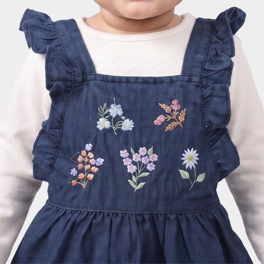 Infants' Navy Blue Fit and Flare Embroidered Ruffle Strap Frock, मध्यम नीला, large