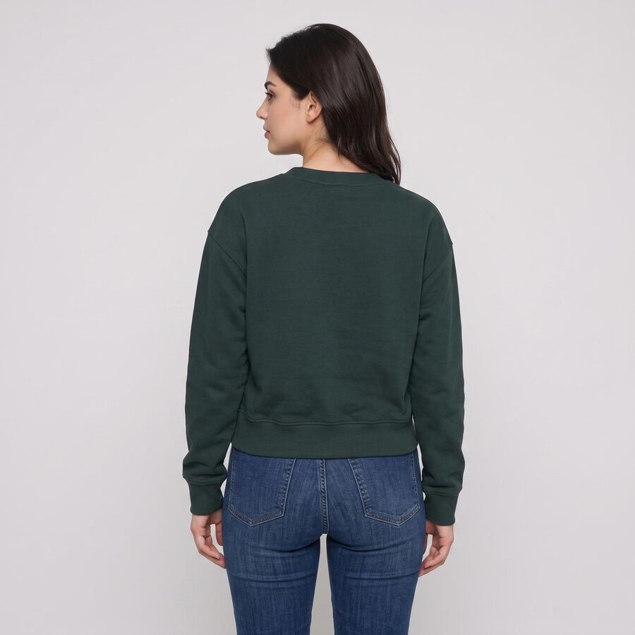 Women Green Crew Neck Graphic Print Sweatshirt, गहरा हरा, large