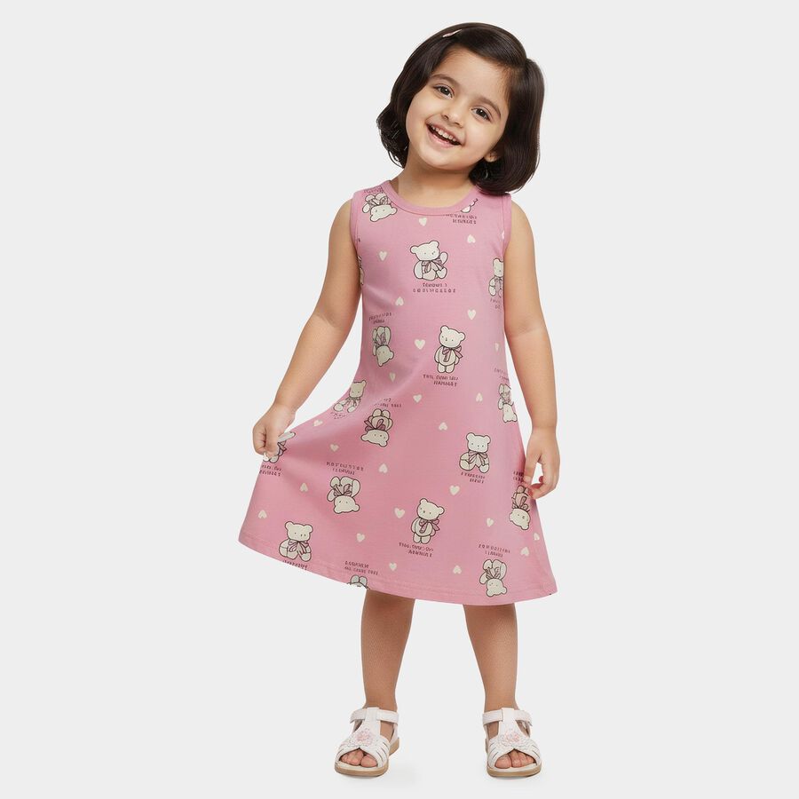 Girls' Pink Teddy Bear Printed Sleeveless A-Line Frock, गुलाबी, large
