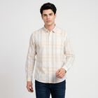 Men's Cream Cotton Long Sleeve Spread Collar Shirt, ऑफ व्हाइट, small