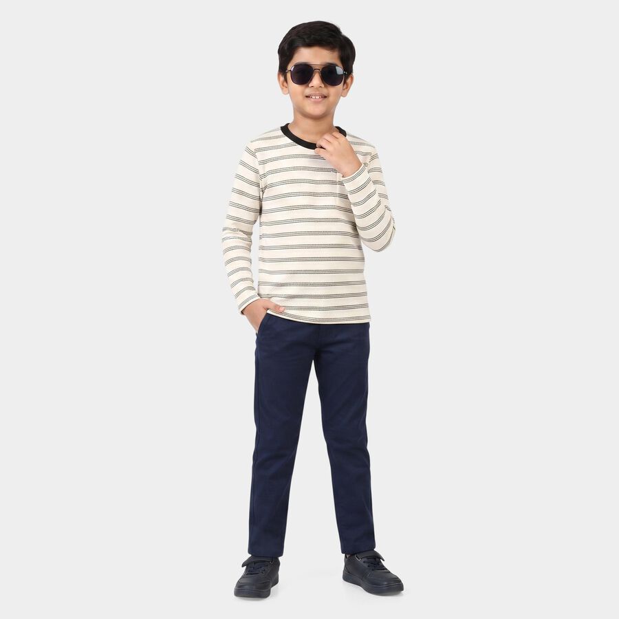 Boys' Off White Round Neck Striped Regular T-Shirt, Off White, large