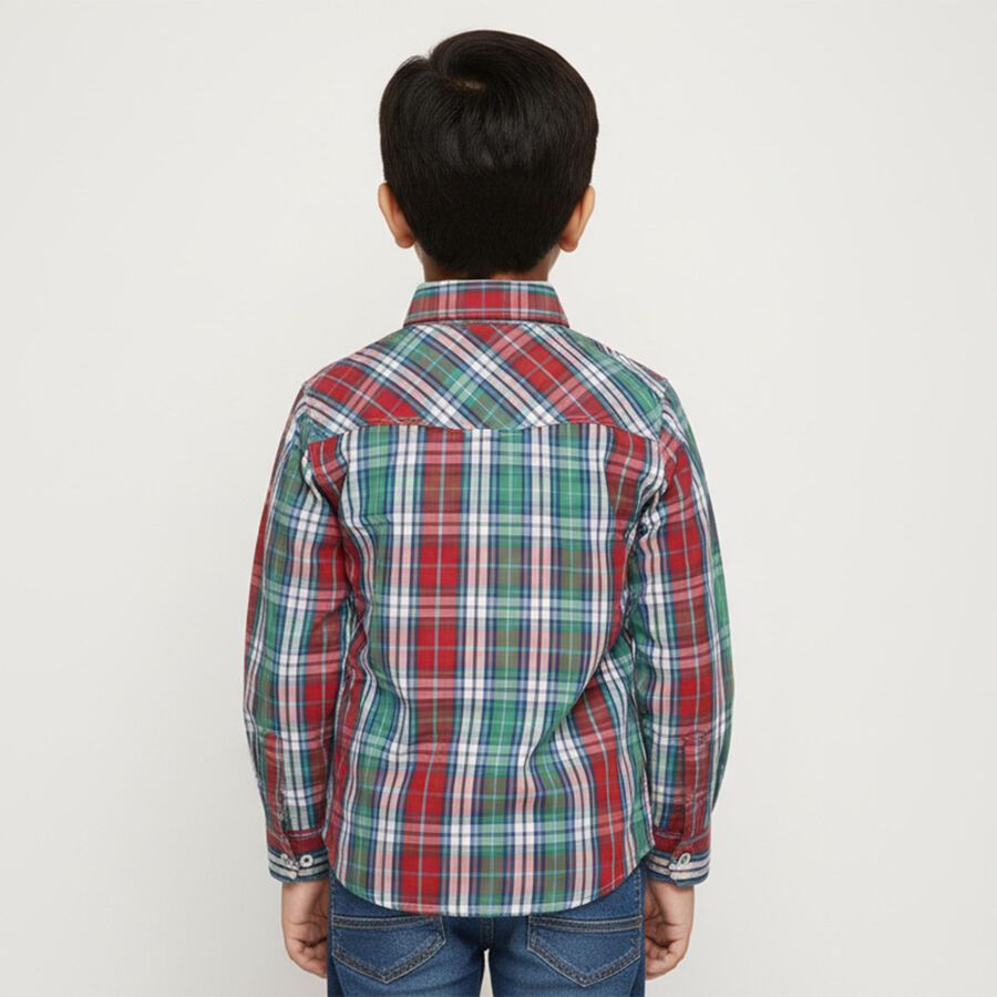 Boys Bright Red and Green Cotton Classic Collar Casual Shirt, लाल, large image number null