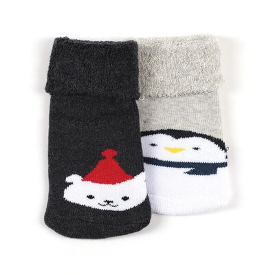Infants Dark Charcoal Black and Light Heather Gray Regular Fit Cartoon Design Pack of 2 Socks