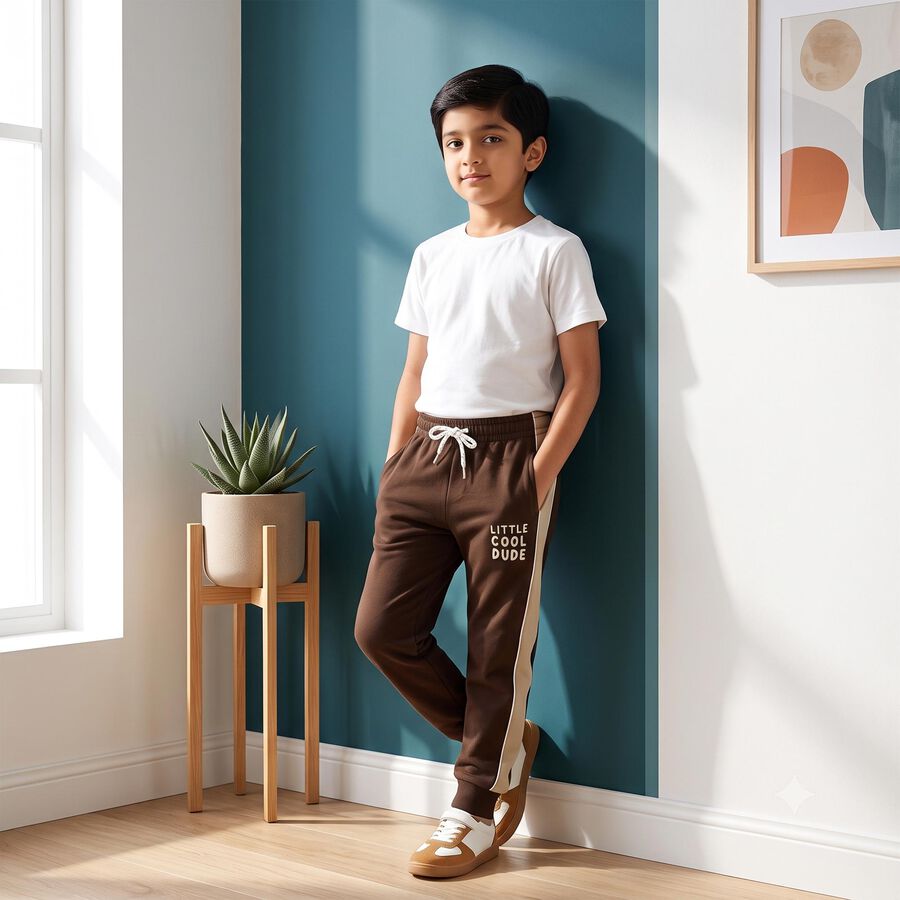 Boys Brown Jogger Fit Text Pyjama, भूरा, large