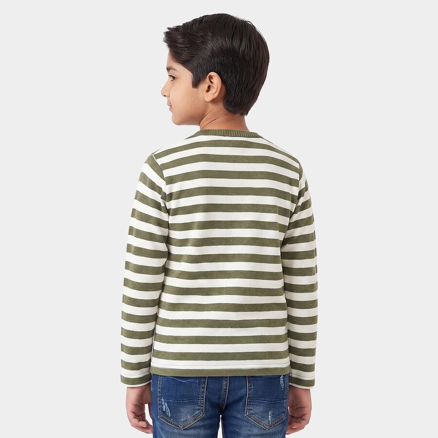 Boys' Olive Green Crew Neck Striped Pullover, ओलिव, large