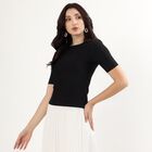 Women's Jet Black Round Neck Minimalist Top, Black, small