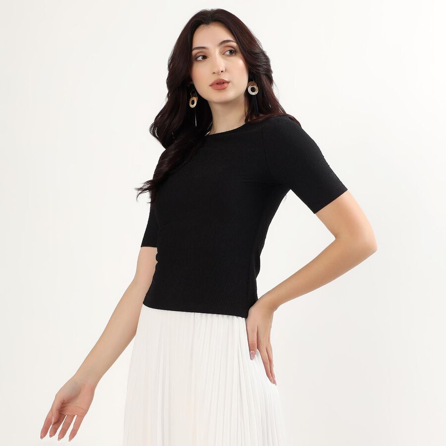 Women's Jet Black Round Neck Minimalist Top, Black, large