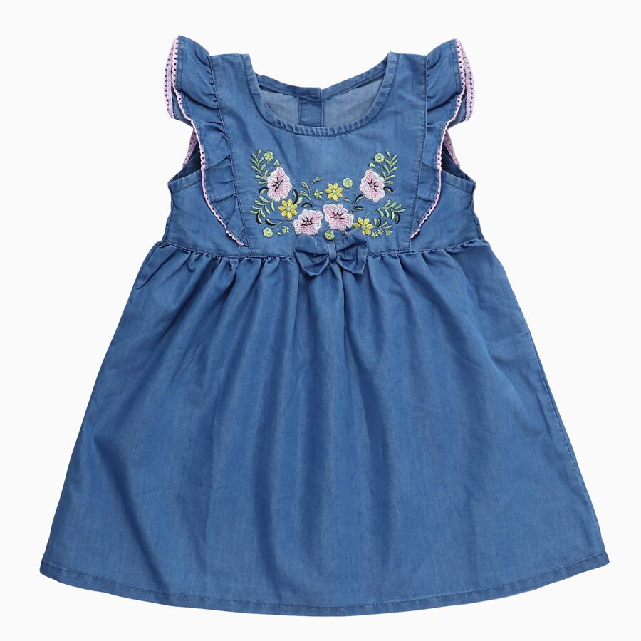 Girls' Cotton Blend Casual Frock, Mid Blue, large
