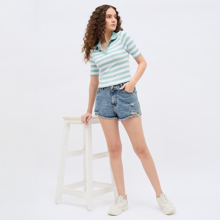 Women's Light Sage Green Round Neck Casual Crop Top, Light Green, large