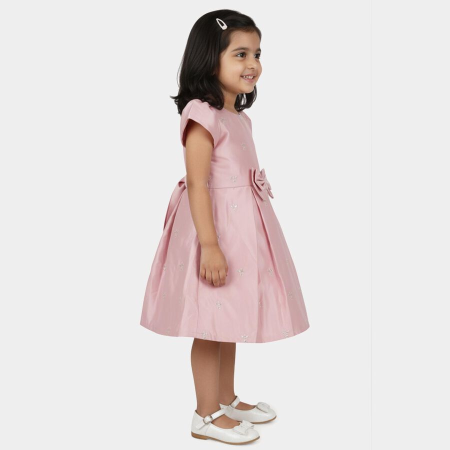 Girls' Pink Embroidered Bow Party Wear Frock, हल्का गुलाबी, large
