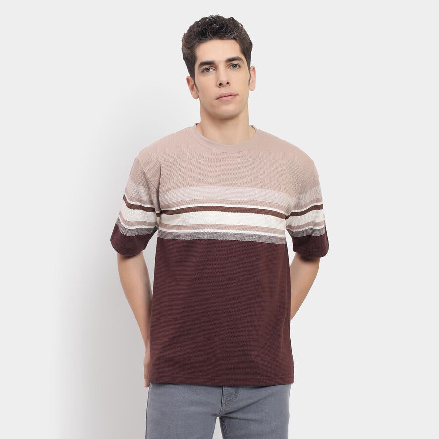 Men's Round Neck Half Sleeves T-Shirt , एक्रू मिश्रित, large