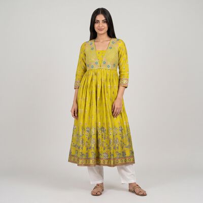 Women's Light Green V-Neck Printed Flared Kurta