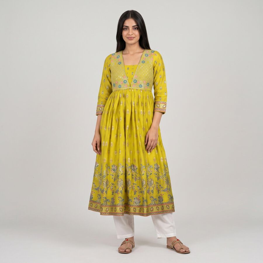 Women's Light Green V-Neck Printed Flared Kurta, Light Green, large