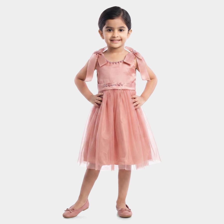 Girls' Pink Fit and Flare Bow Detail Party Wear Frock, Light Pink, large