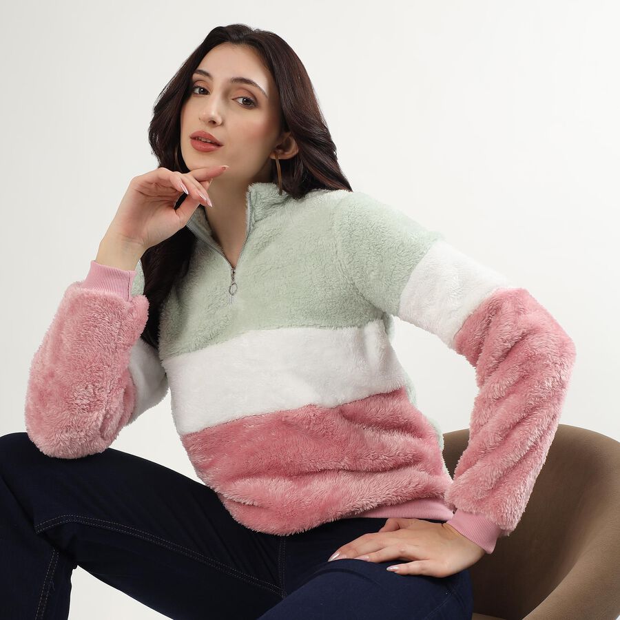 Women's Pastel Pink and Mint Green Zip Neck Casual Sweatshirt, गुलाबी, large image number null