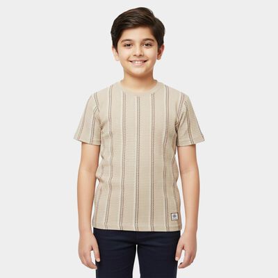 Boys Beige Round Neck Casual Half Sleeve T-Shirt