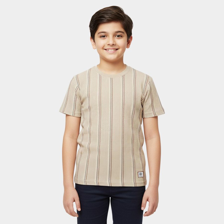 Boys Beige Round Neck Casual Half Sleeve T-Shirt, Beige, large
