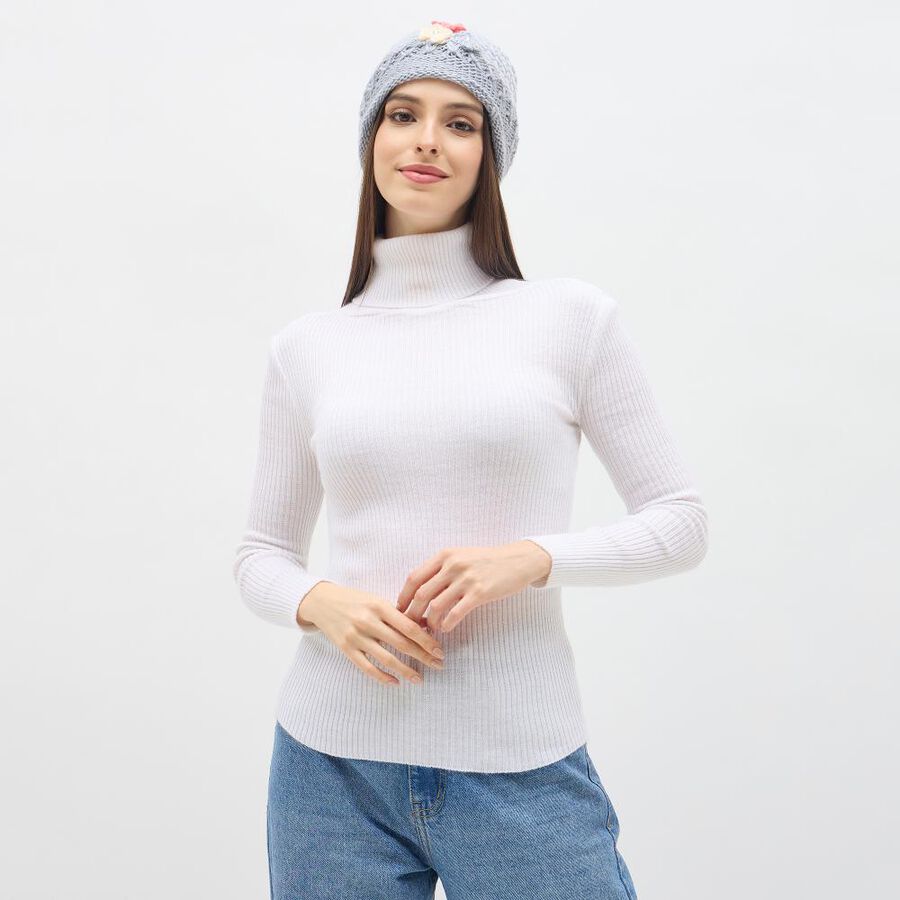 Women's Light Grey Floral Embellished Knitted Beanie Cap, हल्का ग्रे, large image number null