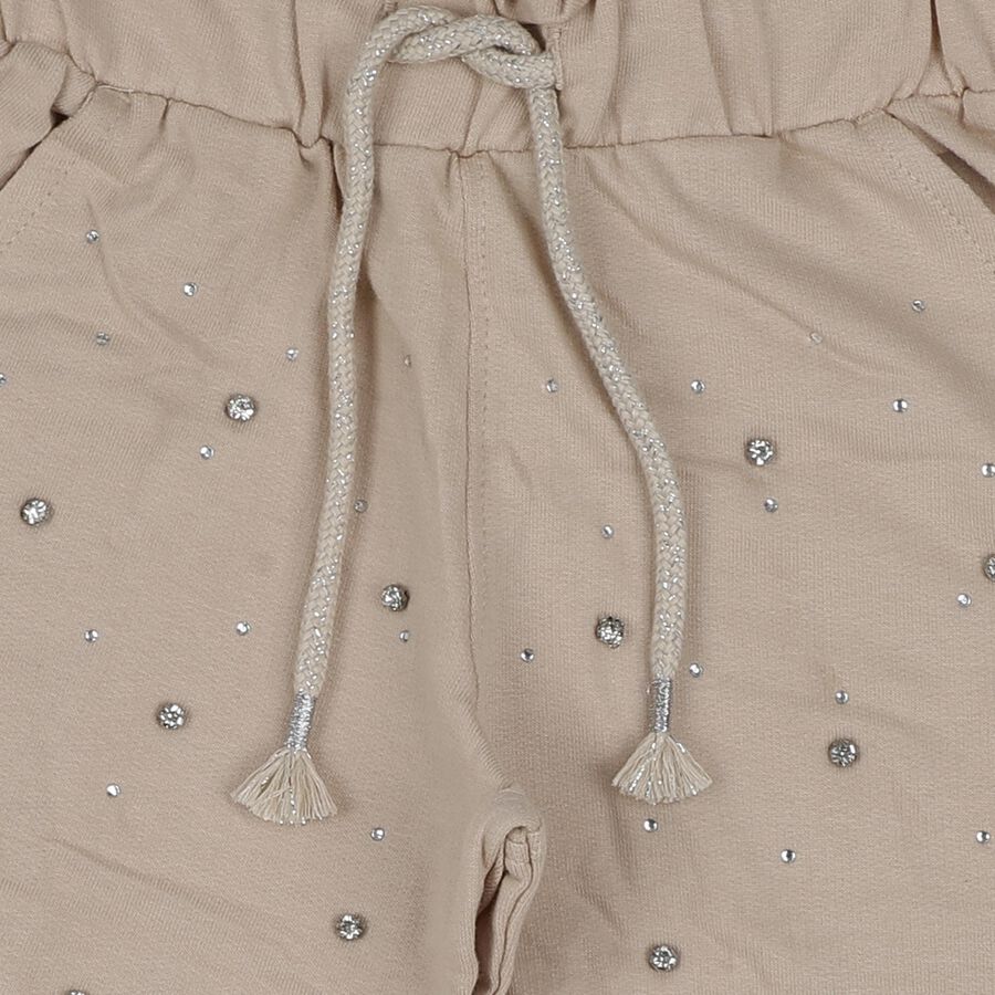 Girls Beige Embellished Cotton Blend Pyjama, Beige, large
