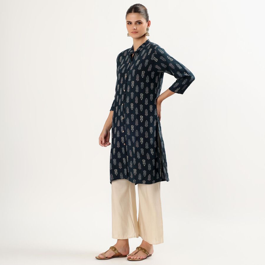 Women's Dark Midnight Blue Mandarin Collar Printed Kurta, Teal Blue, large image number null