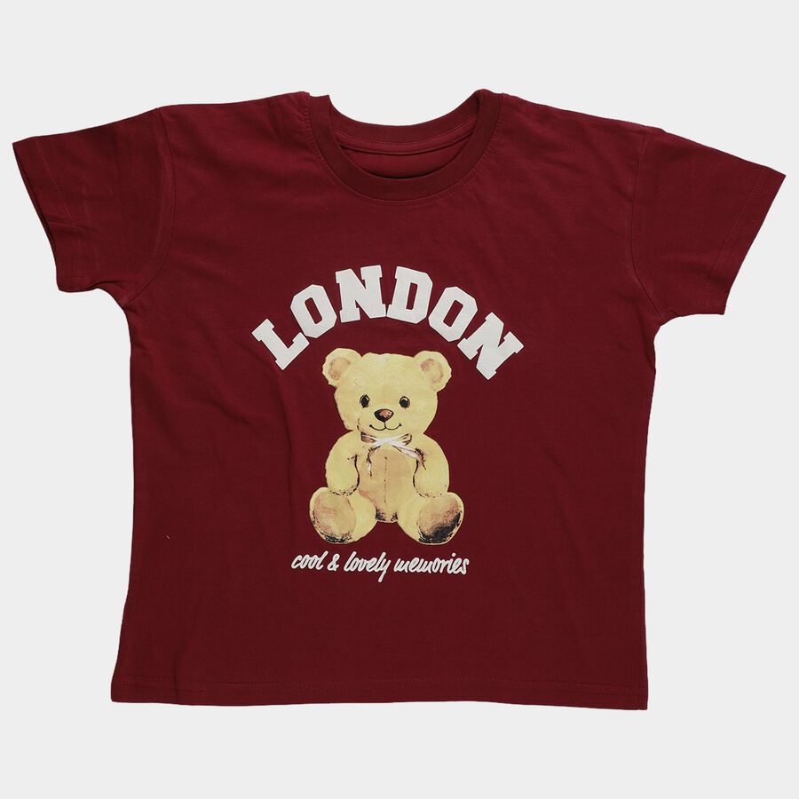 Girls Maroon Cotton Crew Neck Casual T-Shirt, वाइन, large