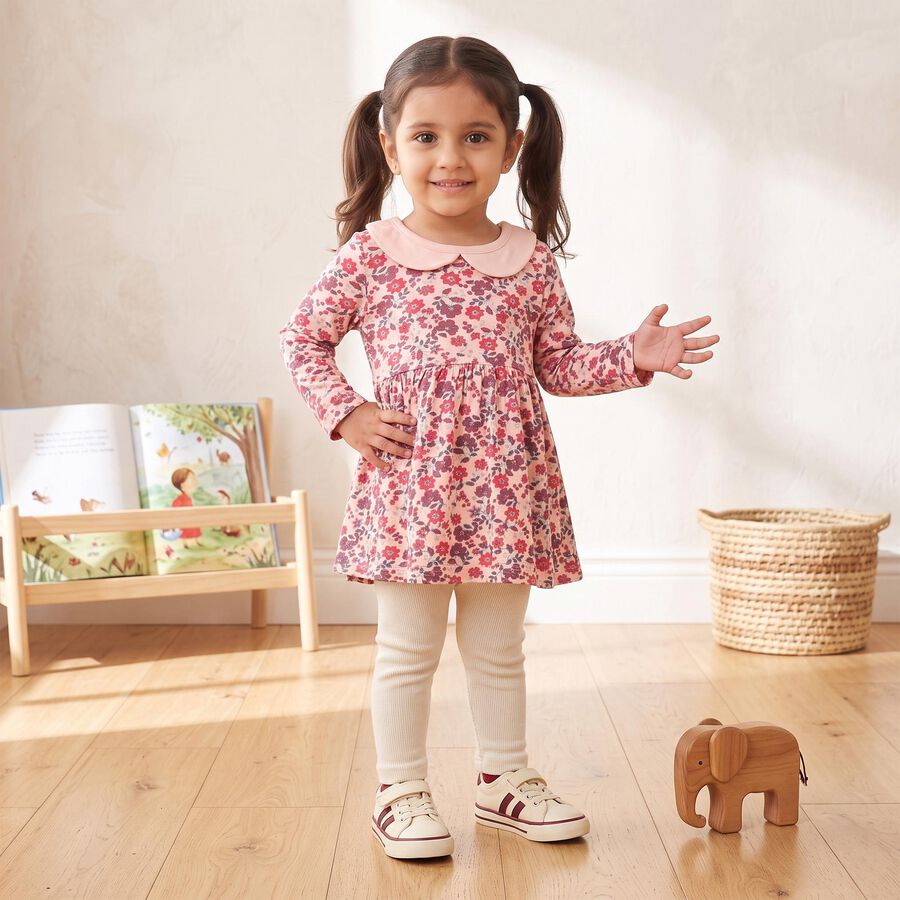 Infants Pink Cotton Peter Pan Neck Regular Dress, Light Pink, large