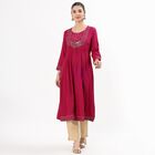 Women's Magenta Round Neck Embroidered Kurta, Fuchsia, small