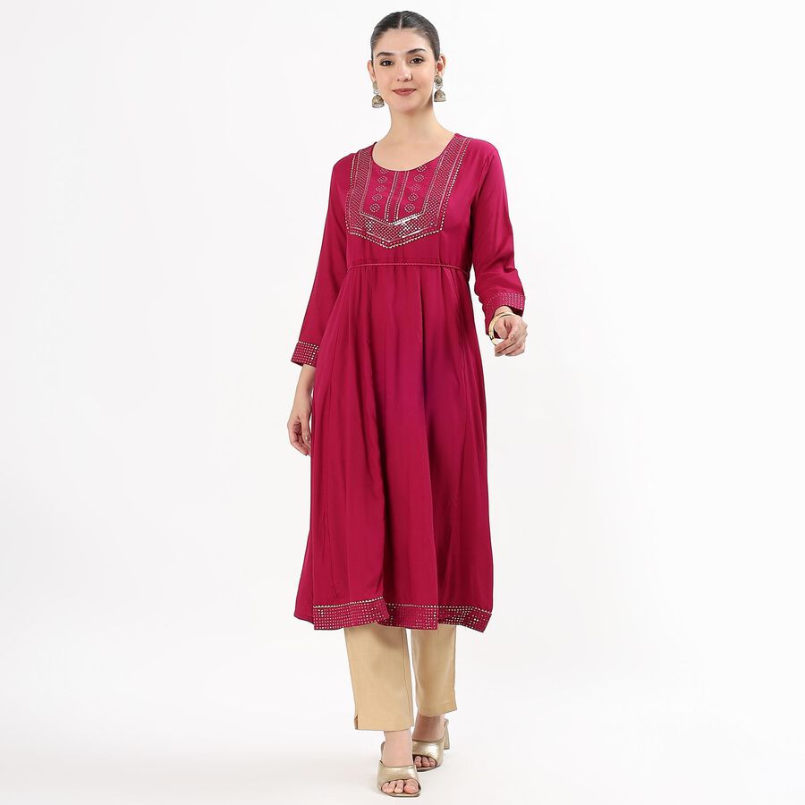 Women's Magenta Round Neck Embroidered Kurta, Fuchsia, large