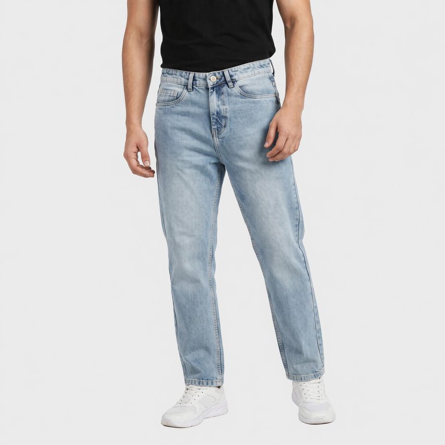 Men's Light Blue Straight Fit Washed Jeans, Ice Blue, large