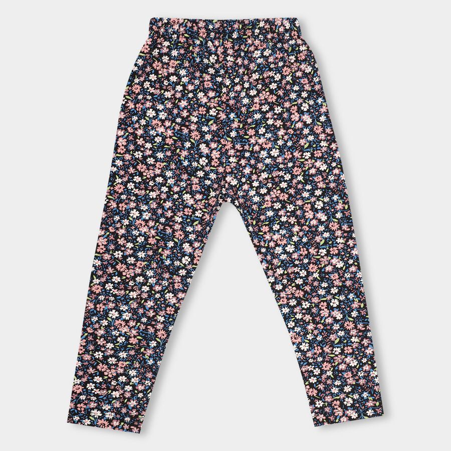 Girls' Black Floral Printed Full-Length Cotton Blend Legging, Black, large image number null