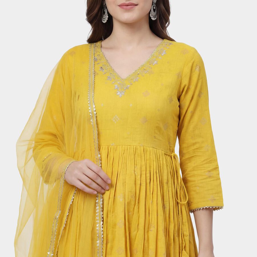Women's Yellow Self Design Ethnic Set, पीला, large