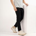 Men's Jet Black Slim Fit Flat-Front Casual Trousers, काला, small