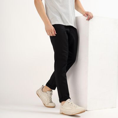 Men's Jet Black Slim Fit Flat-Front Casual Trousers