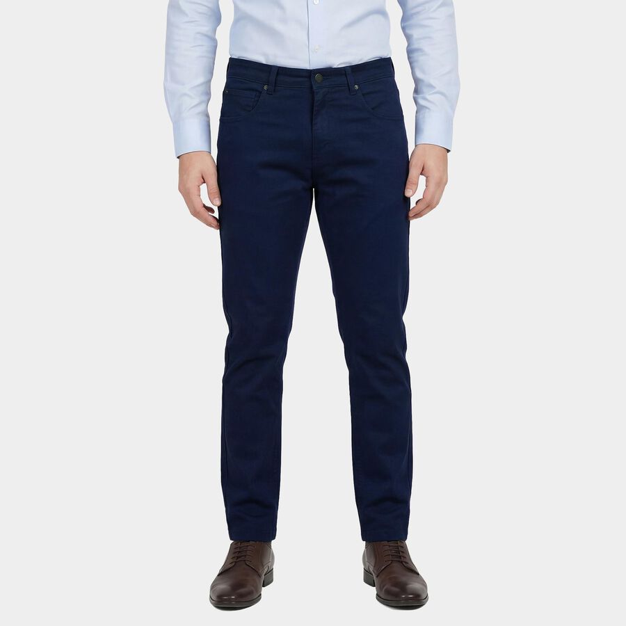 Men's Blue Slim Fit Flat-Front Casual Trousers, Mid Blue, large