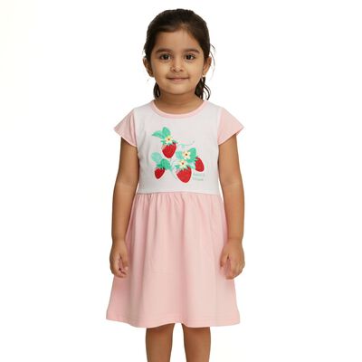 Girls' Soft Pink Strawberry Printed Flared Frock