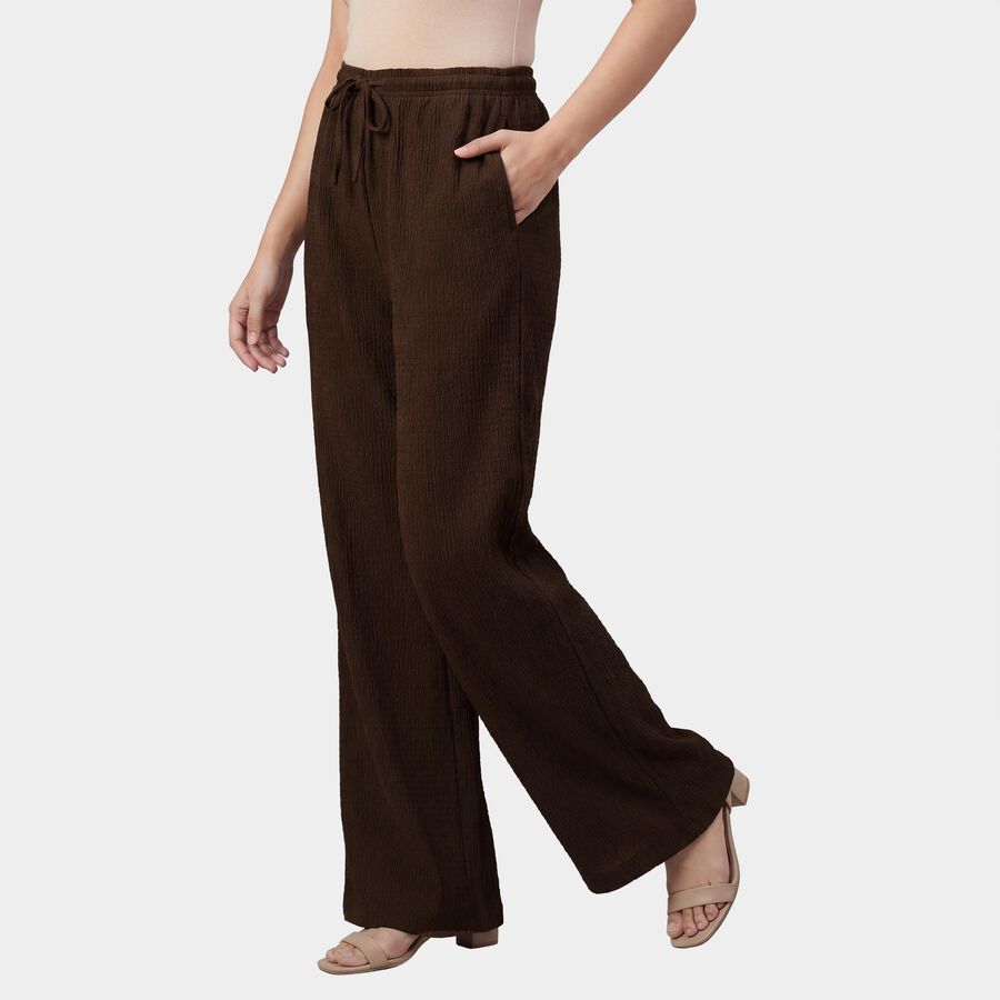 Women's Brown Regular Fit Ribbed Lettuce Hem Pyjama, भूरा, large